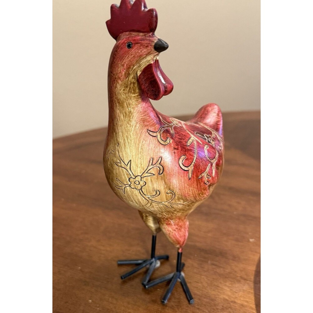 Farmhouse Resin Red Gold Chicken w/Metal Feet Rustic Country 8” t-1042